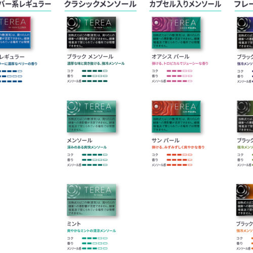 今回の「テリア ブラック サンシャイン メンソール」の発売に伴い、全23銘柄となった「TEREA（テリア）」製品のラインアップ。