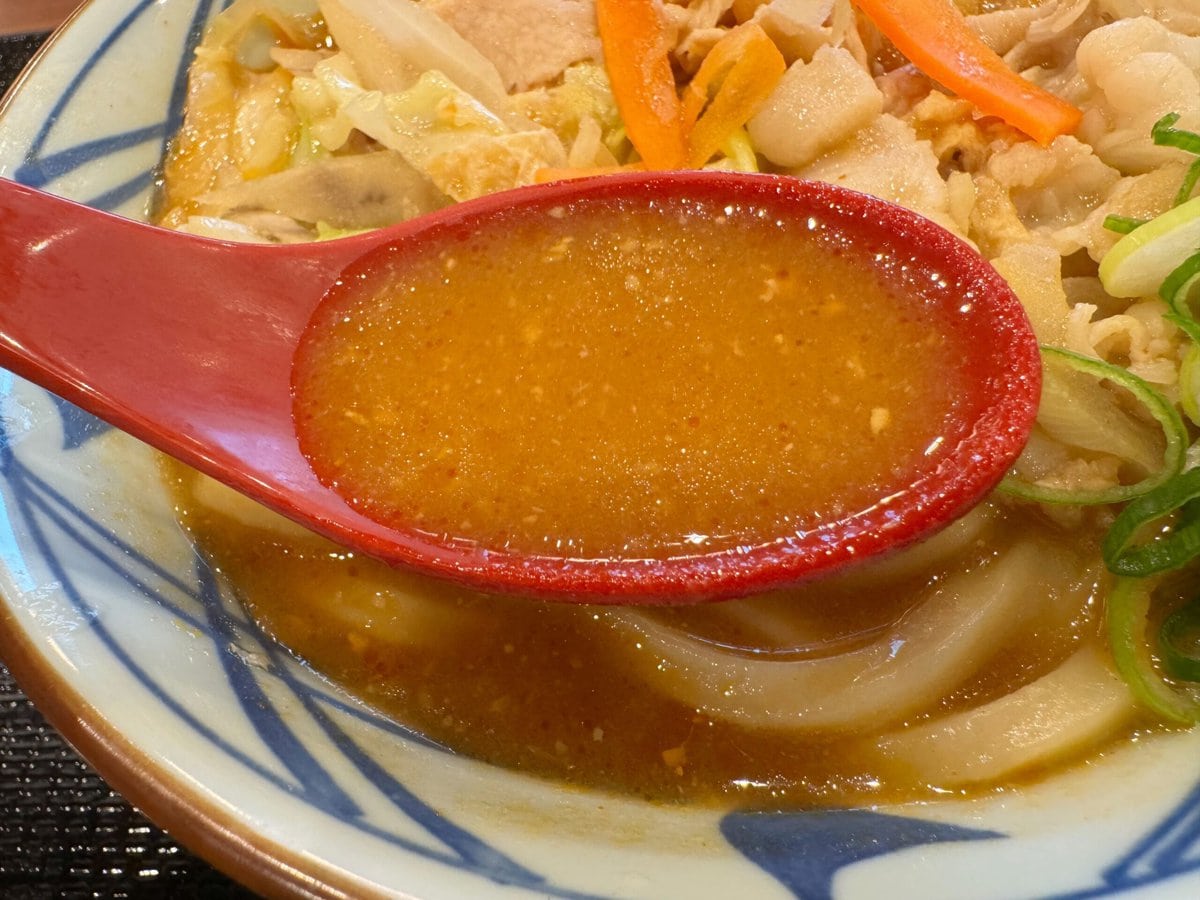 パンチのきいたスープの味わい（丸亀製麺「俺たちの豚汁うどん」）