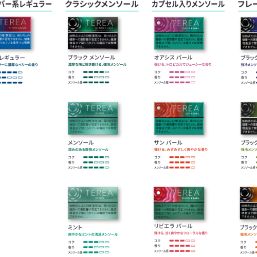 今回の「テリア リビエラ パール」の発売に伴い、全24銘柄となった「TEREA（テリア）」製品のラインアップ。