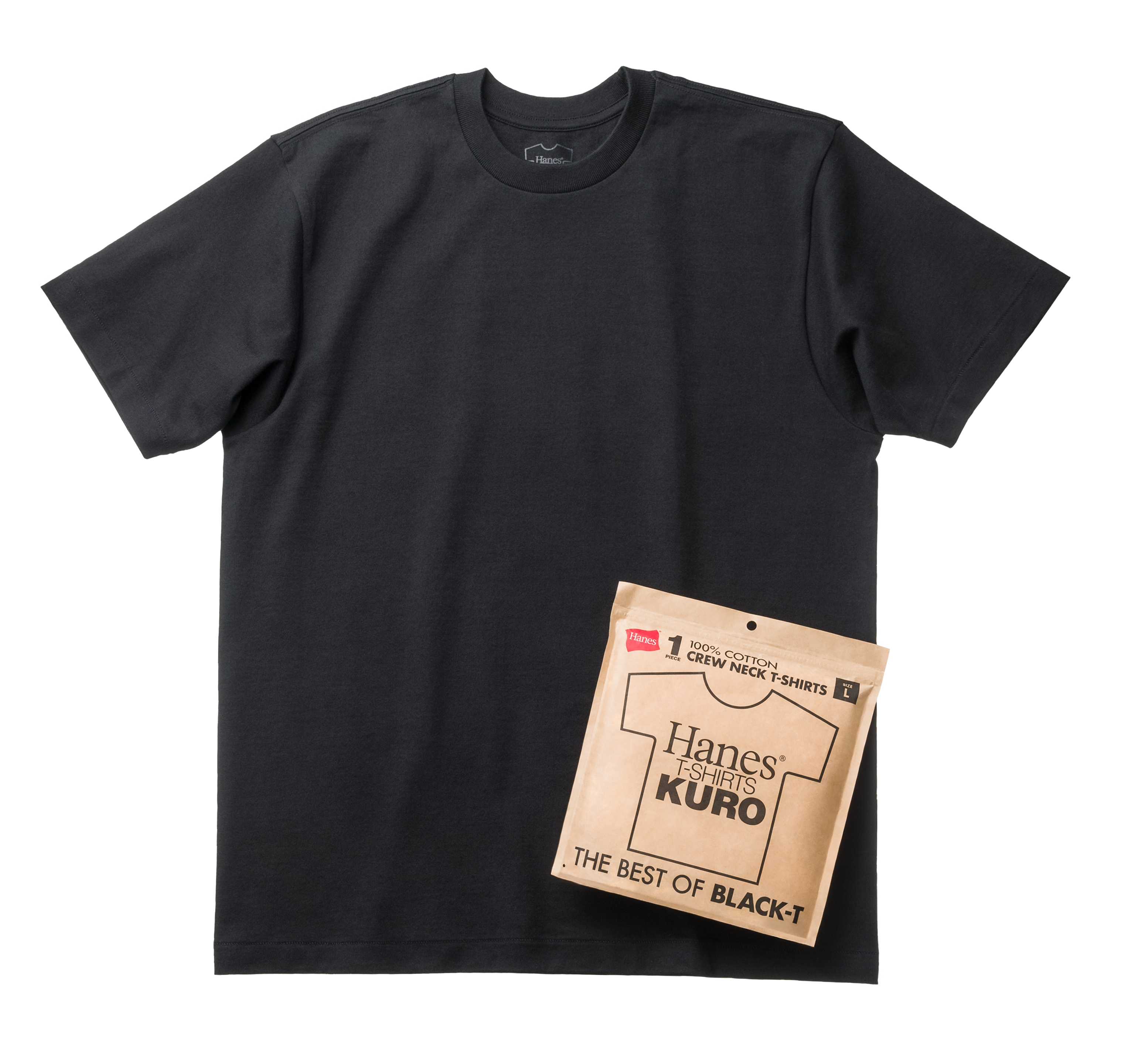 「Hanes T-SHIRTS KURO®」は、2023年春の発売以降高い人気を得ている“最高*の白T”「Hanes T-SHIRTS SHIRO®」の構成要素をベースに、生地になる前段階の糸の状態で染色をする先染めと言われる製法を採用。