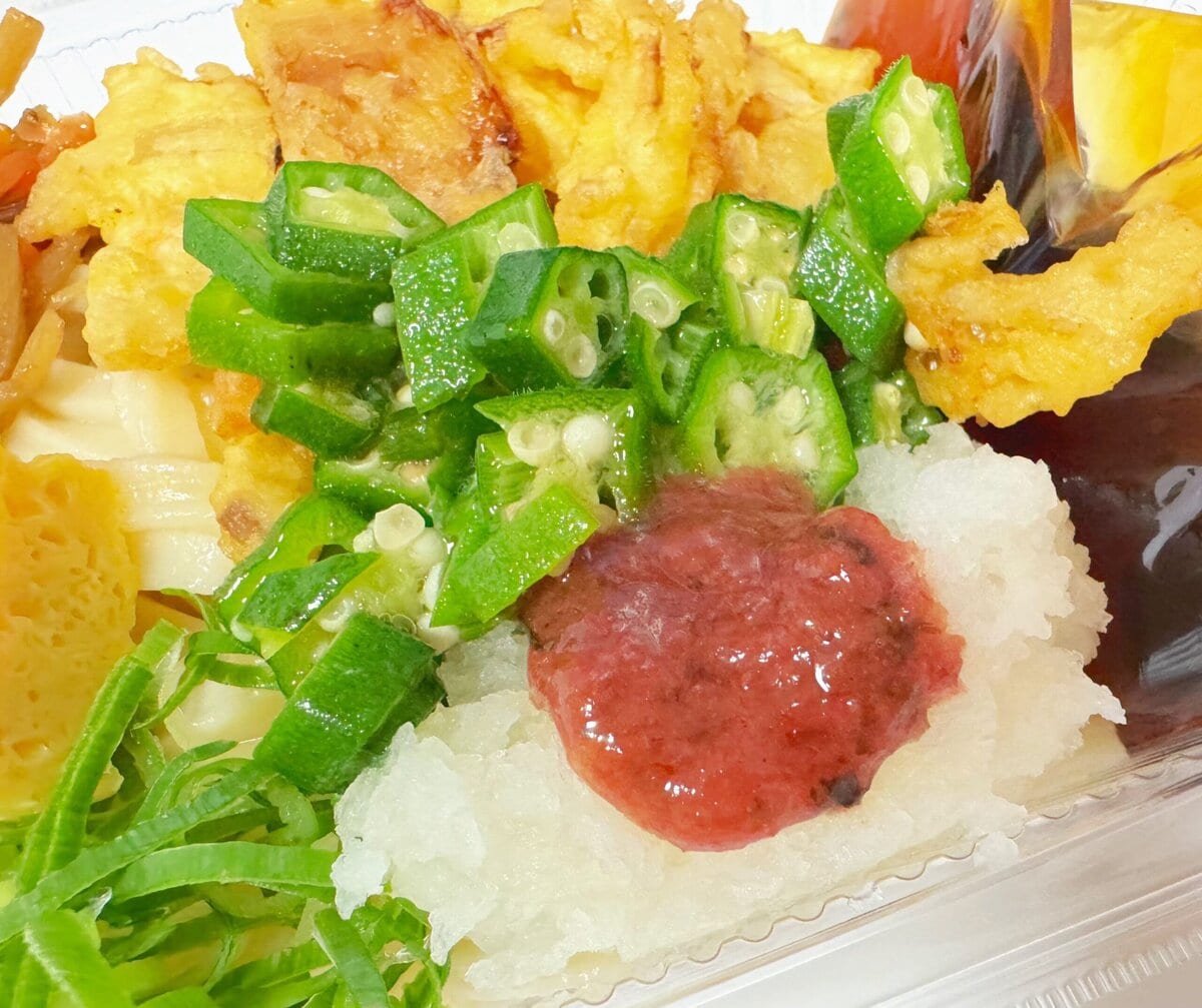 定番のおかずにたっぷりと梅・オクラ・大根おろしがトッピング