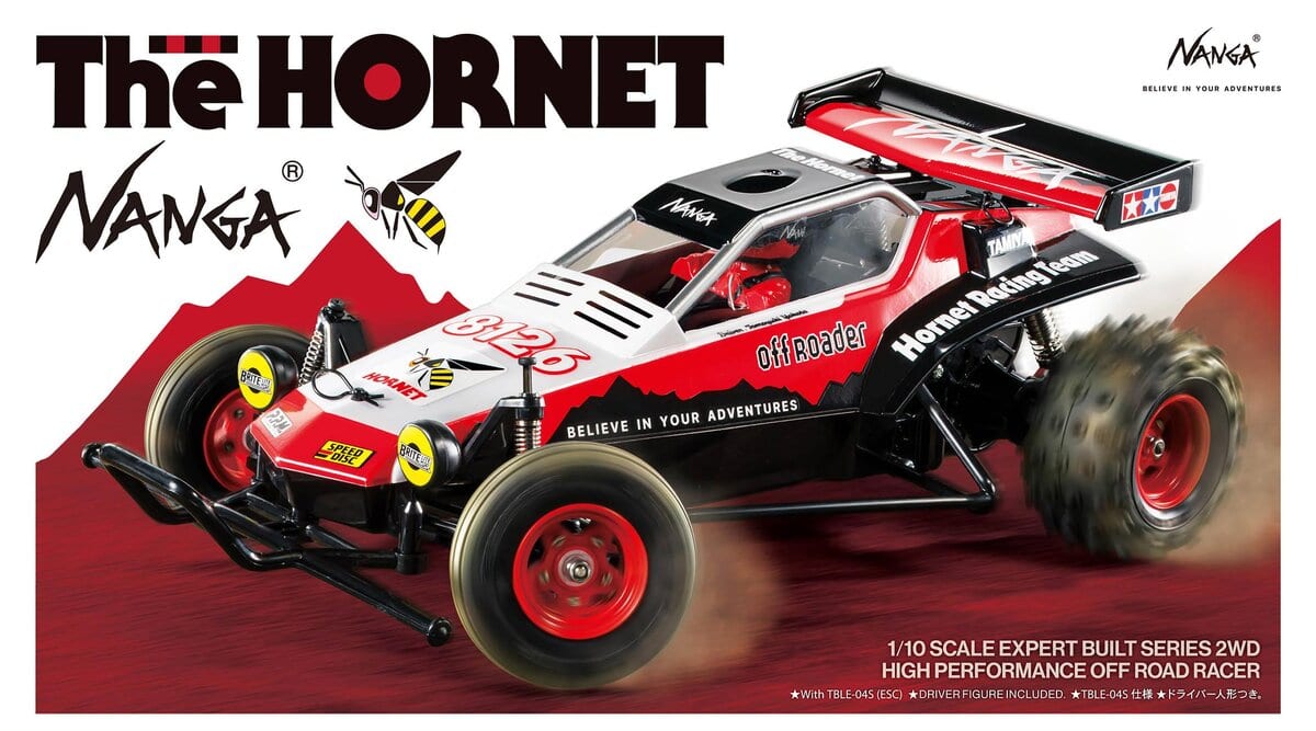 NANGA（ナンガ）とTAMIYA（タミヤ）によるコラボRCカー、ホーネットが登場。NANGAカラーでアップデートしたスペシャルモデルだ。