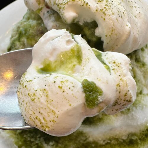 見た目も涼しげな宇治抹茶かき氷は、一見、抹茶氷の上にクリームが乗っているだけのシンプルな構成