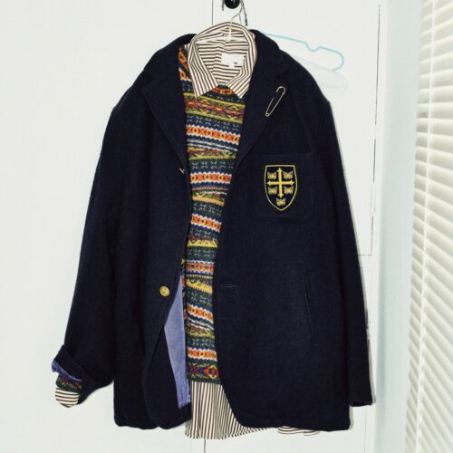 ニードルズのブレザー、カネマサフィルのドレスシャツ、こーへんのフェアアイル柄ニット