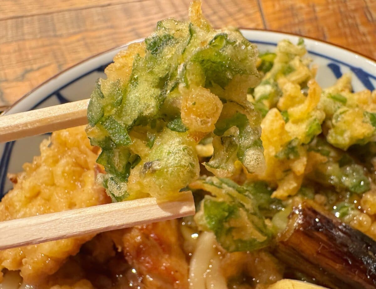 さらに、春菊やえのきのバラ天ぷらが添えられており、彩りも豊か