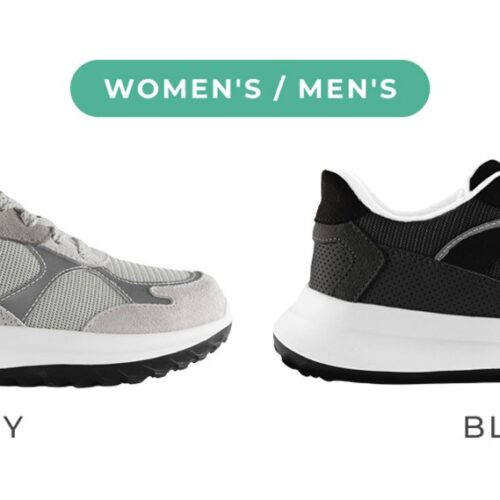 WOMEN'S / MEN'S と書かれた表示の下に並べられた2足のスニーカー。左はグレー、右はブラック。どちらも白い厚底のミッドソールと黒いアウトソールを持つ。