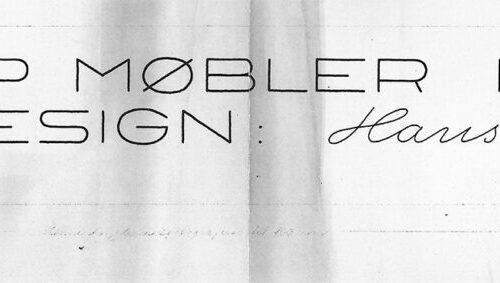 PPモブラー（PP Møbler）のロゴと「DESIGN: Hans J. Wegner.」の手書き文字が記載された図面または資料。
