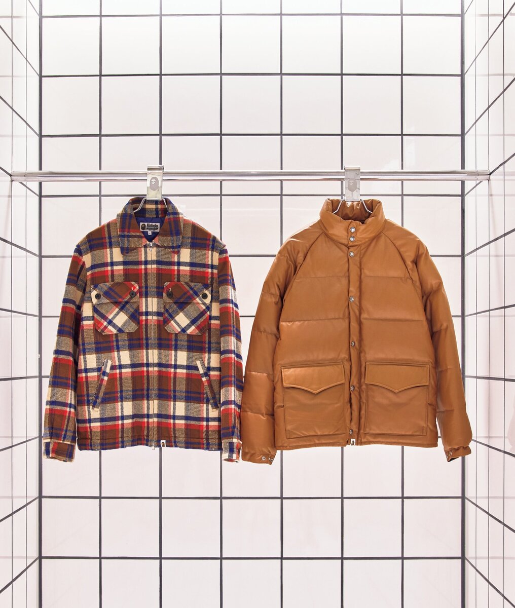 A BATHING APE®の新作アウター　BAPE® CHECK ZIP JACKET、RIGHT: LEATHER CLASSIC DOWN JACKET