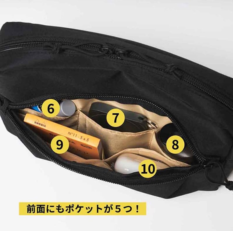 バッグの前面ポケット内にもポケットを5つ備える