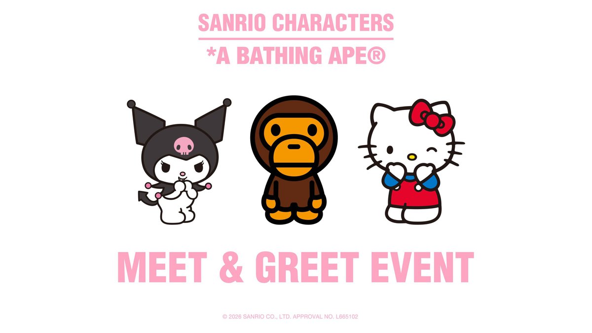 A BATHING APE®と、世界中で世代を問わず愛されているサンリオのキャラクターとのコラボレーションローンチを記念し、発売当日の2026年2月28日(土)、BAPE STORE® SHIBUYAにて、BAPE®のマスコットキャラクターBABY MILO®と、KUROMIおよびHELLO KITTYによるMeet & Greetイベントが開催する。