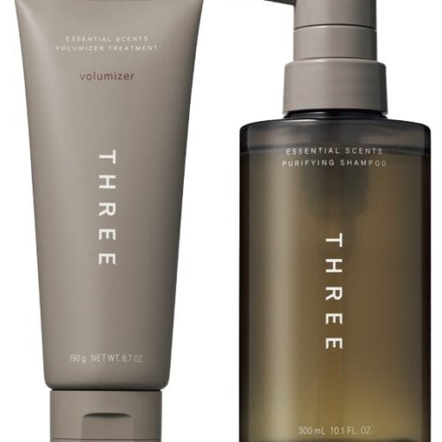 “香水ライク”なシャンプー＆トリートメント　THREE エッセンシャルセンツ ピュリファイング シャンプー 300mL 、同エッセンシャルセンツ ボリューマイザー トリートメント 190g