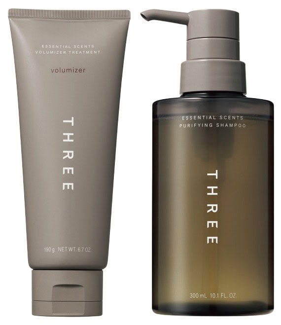 “香水ライク”なシャンプー&トリートメント THREE エッセンシャルセンツ ピュリファイング シャンプー 300mL 、同エッセンシャルセンツ ボリューマイザー トリートメント 190g