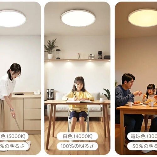 異なる3つの光モード(色温度と明るさ)を比較した縦長3分割画像。左から、掃除をする女性を照らす「昼白色(5000K)・100%明るさ」、勉強をする子供を照らす「白色(4000K)・100%明るさ」、食事をする家族を照らす「電球色(3000K)・50%明るさ」のシーンが並んでいる。