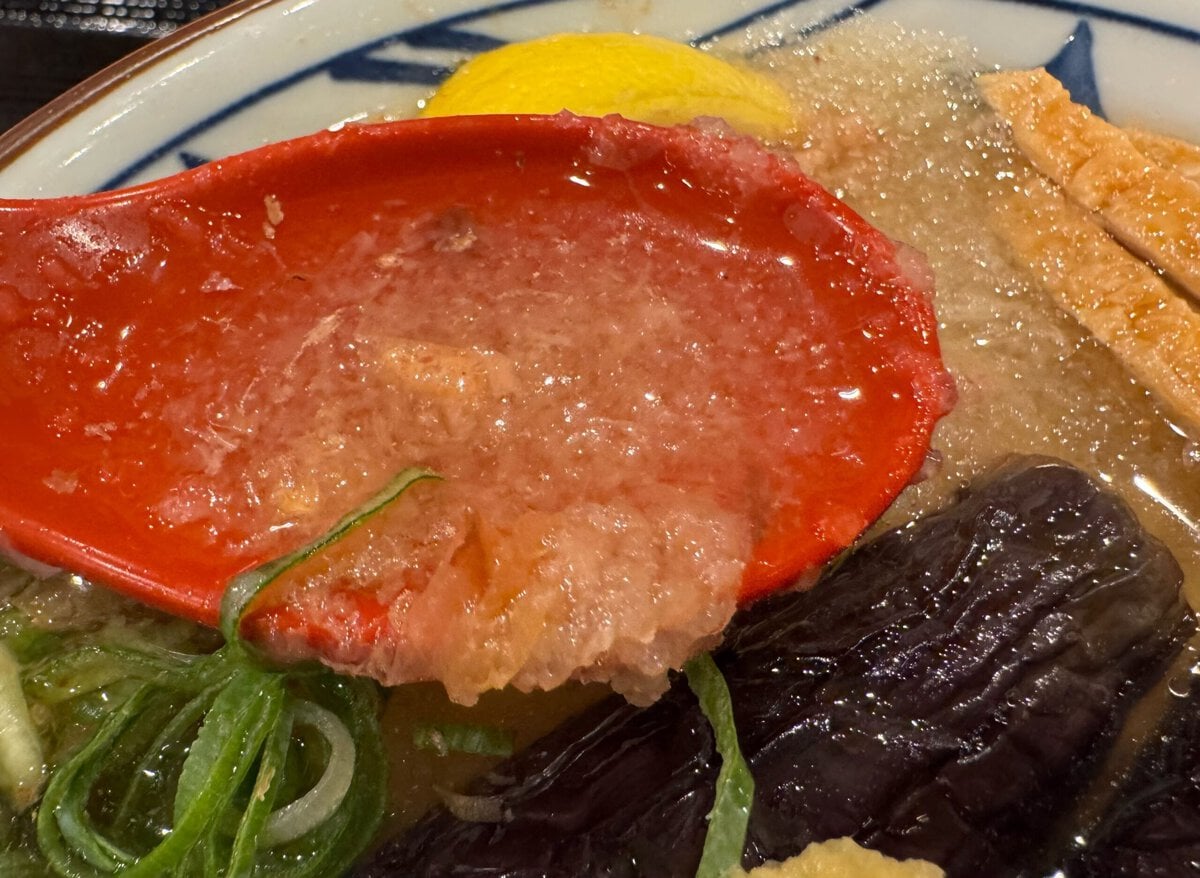 定番の冷かけだしはキリっとした塩味と複数の削り節や煮干し・昆布からとる旨味がバランスよく調和したすっきりと飽きのこない味わい