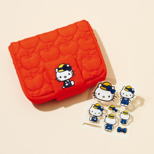 リンネル8月号「ハローキティ」麦わら帽子のハローキティ ミラー付きリンゴキルティングポーチ &ぷっくりシール