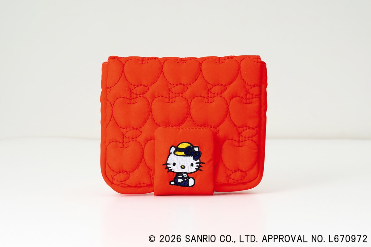 リンネル8月号「ハローキティ」麦わら帽子のハローキティ ミラー付きリンゴキルティングポーチ &ぷっくりシール