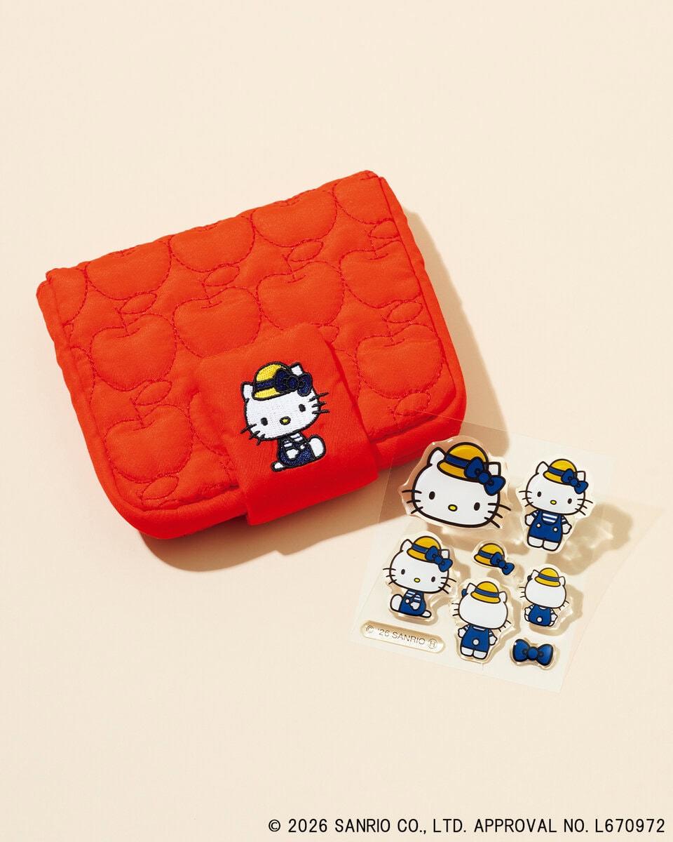 リンネル8月号「ハローキティ」麦わら帽子のハローキティ ミラー付きリンゴキルティングポーチ &ぷっくりシール