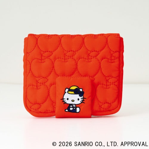 リンネル8月号「ハローキティ」麦わら帽子のハローキティ ミラー付きリンゴキルティングポーチ &ぷっくりシール