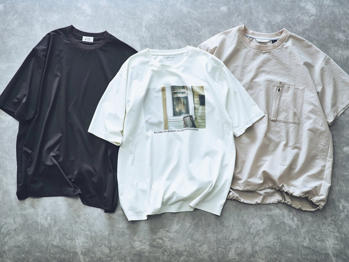 シップス エニィの〈遮熱〉OLAMENT®クルーネック リラックス Tシャツ、アンフィーロの多機能CLEANフォトTEE、ナンガのDotAir® コンフィー Tシャツ