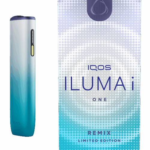 IQOS ILUMA i ONE リミックス モデルは、20本の連続使用が可能なオールインワンモデル。本体にはシルバーからターコイズへと変化するグラデーションを採用し、トップ部分にはパープル、操作ボタンにはイエローのアクセントカラーをあしらっている。