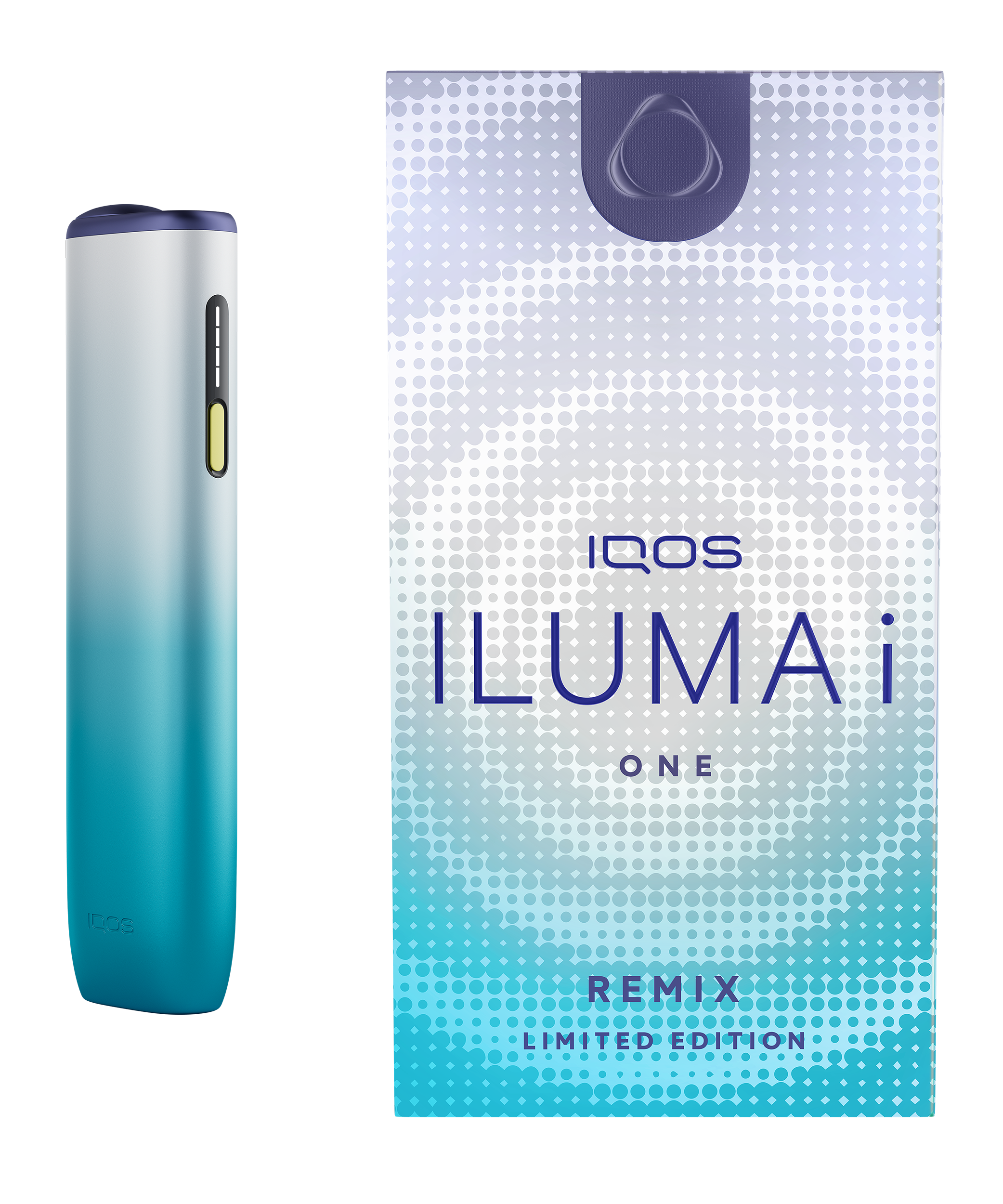 IQOS ILUMA i ONE リミックス モデルは、20本の連続使用が可能なオールインワンモデル。本体にはシルバーからターコイズへと変化するグラデーションを採用し、トップ部分にはパープル、操作ボタンにはイエローのアクセントカラーをあしらっている。