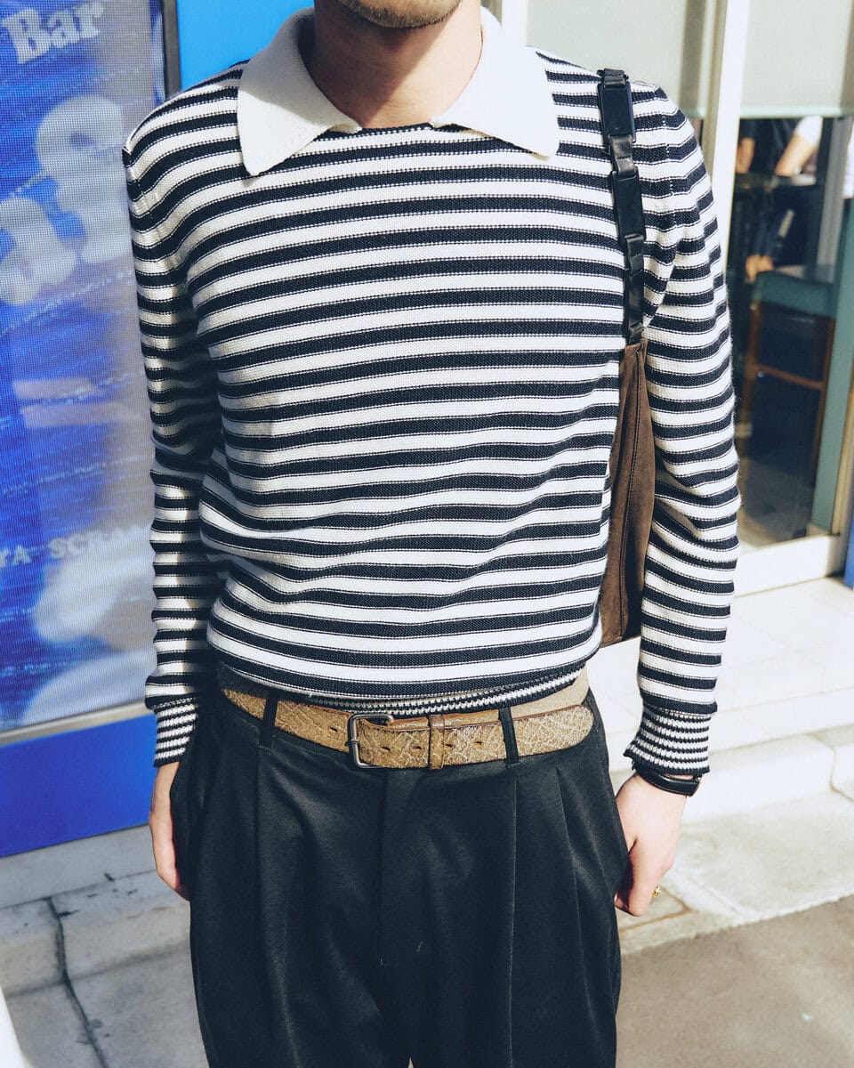 【20代スナップ@渋谷】A.P.C.のボーダートップスでフレンチ感を出しつつ、ウールのスラックスでスタイリッシュに