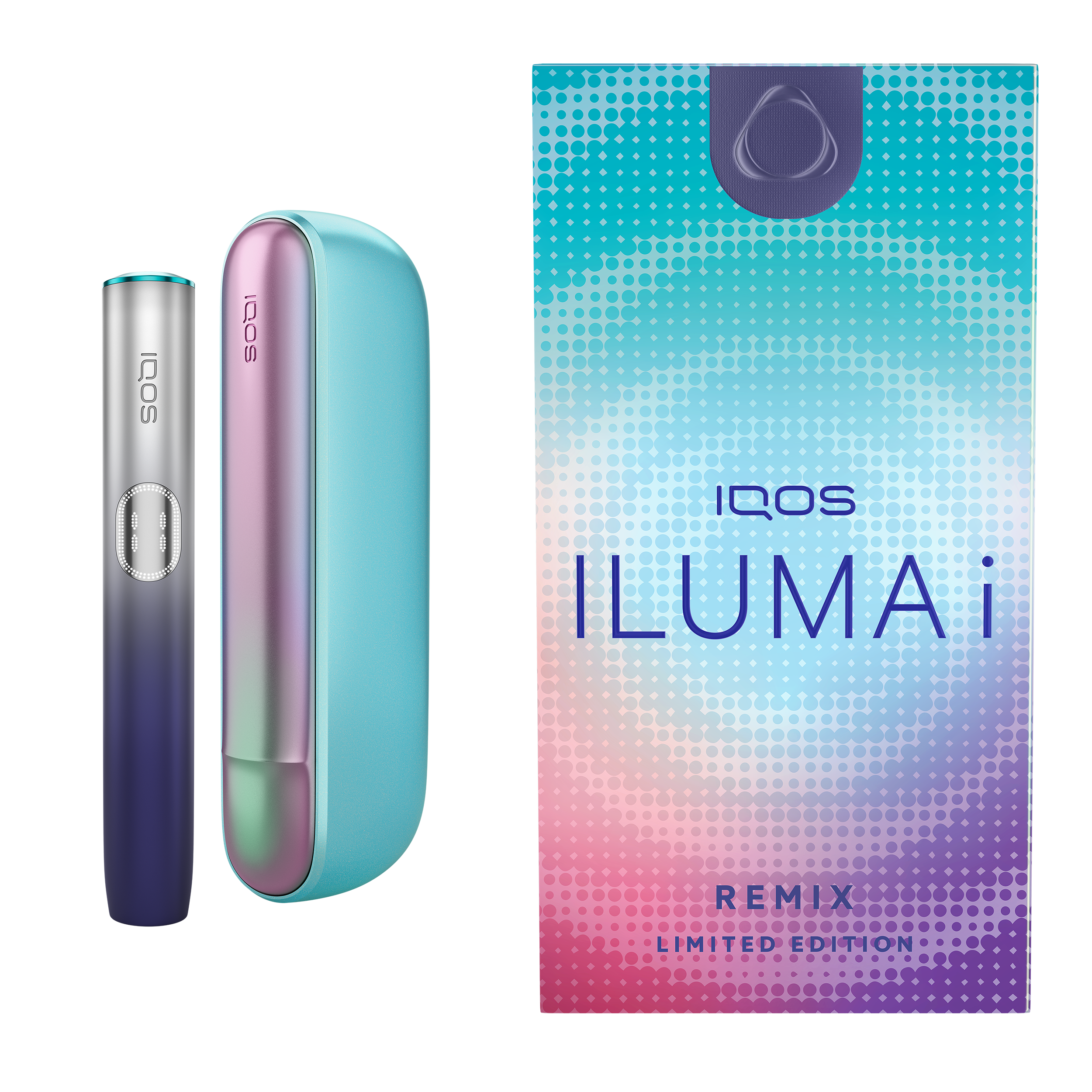 IQOS ILUMA i リミックス モデルは、パープルからグリーンへと変化するメタリックグラデーションをドア部分に採用。光の当たり方や角度で見え方が変わる仕様となっている。ホルダーにはシルバーからネイビーへ移行するグラデーションを施し、色彩の対比を際立たせたデザインに。