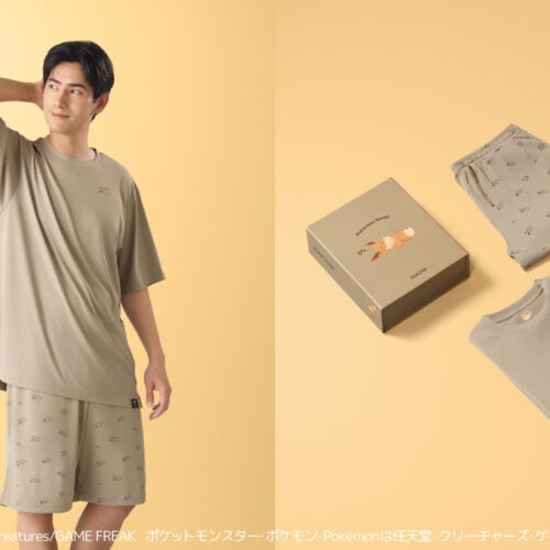 半袖Tシャツとショートパンツの上下セットは、サックスブルーのカビゴン、ブラックのピカチュウ、ピンクのプリン、パープルのメタモン、ブラウンのイーブイという5カラーを展開。
