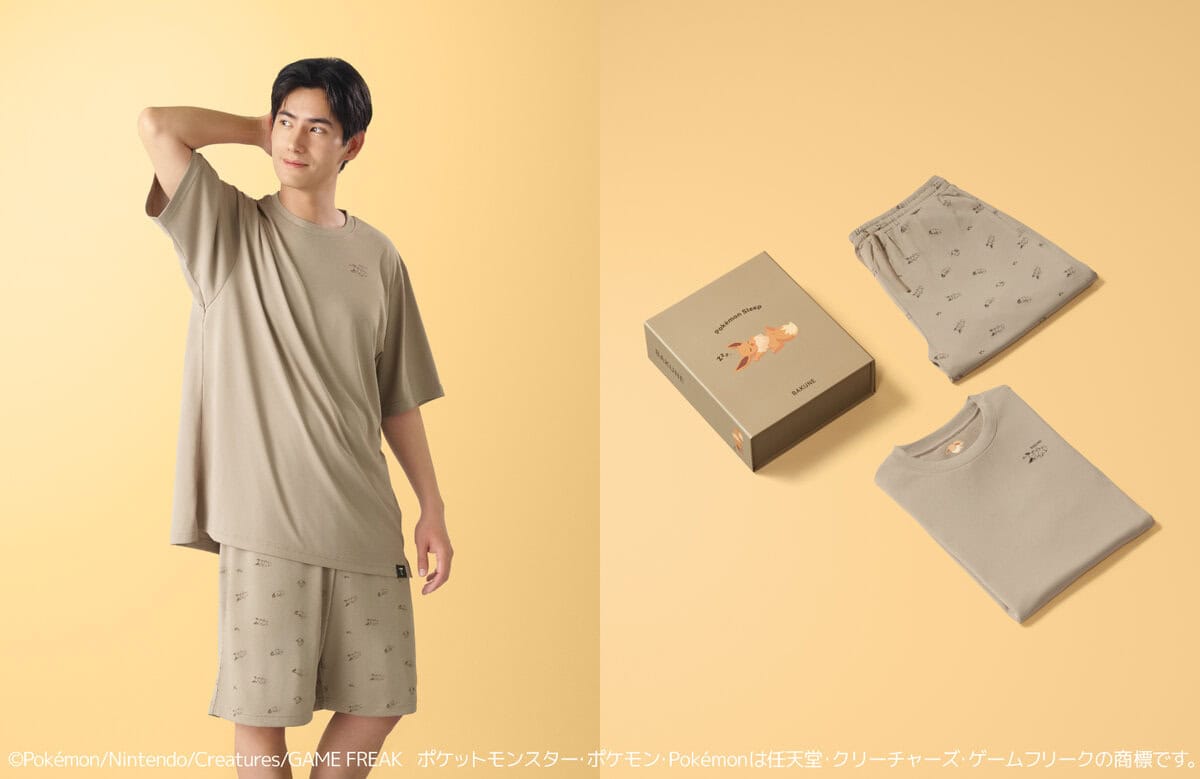 半袖Tシャツとショートパンツの上下セットは、サックスブルーのカビゴン、ブラックのピカチュウ、ピンクのプリン、パープルのメタモン、ブラウンのイーブイという5カラーを展開。