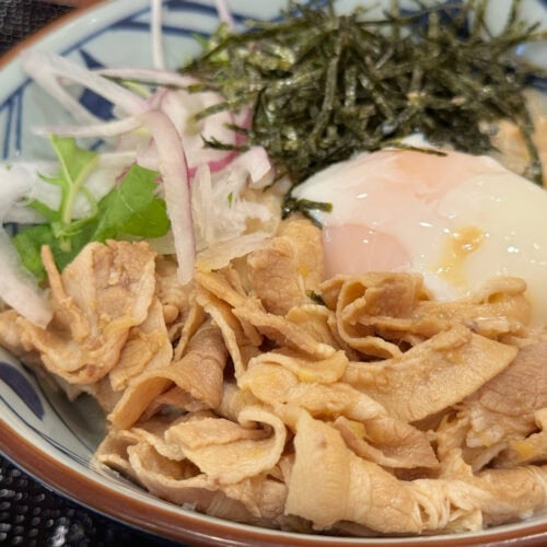 うどんの上には、豚しゃぶ、シャキシャキの野菜、温玉が贅沢に盛られています