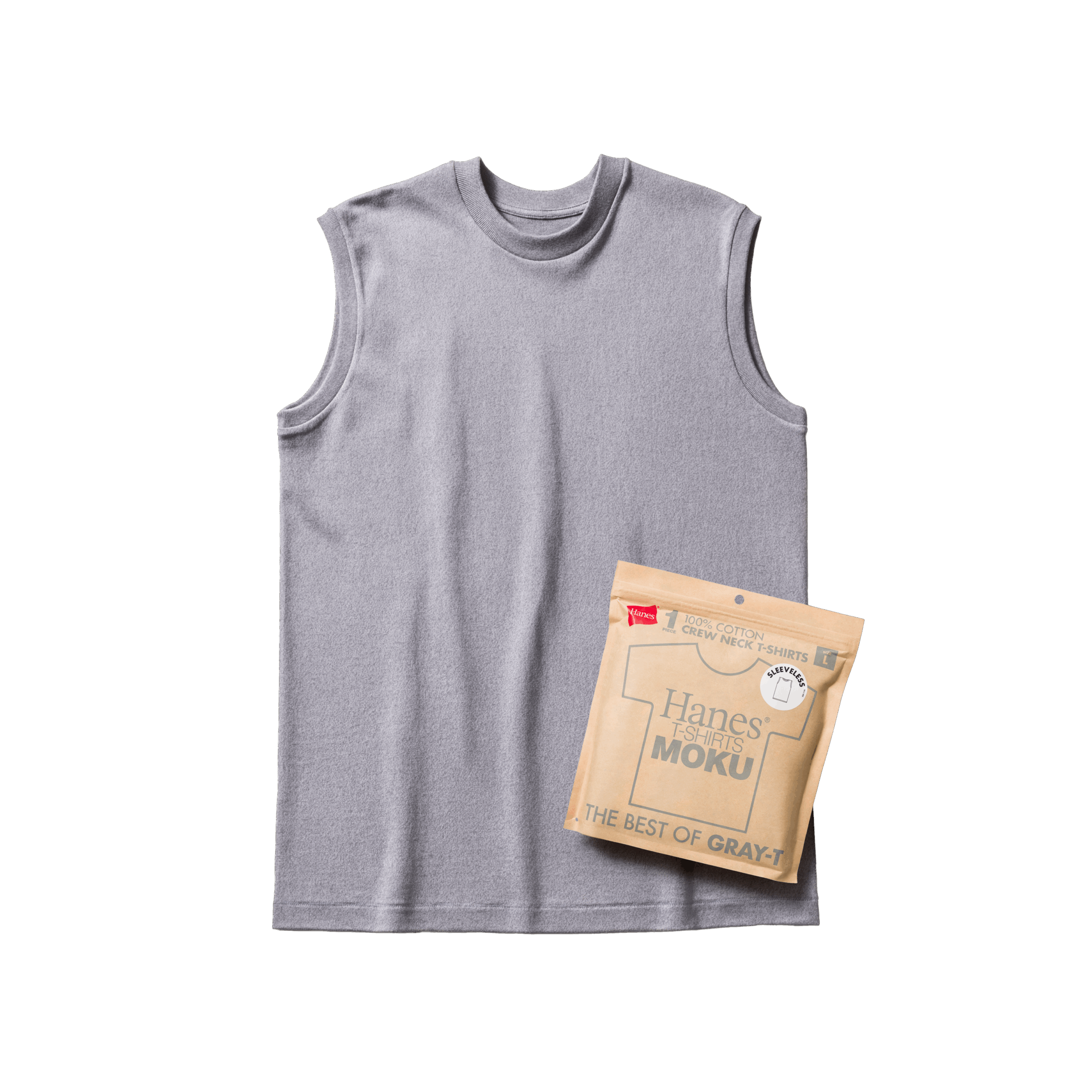 「Hanes T-SHIRTS MOKU」 のカラー展開は杢グレー1色のみ、ラインナップにはショートスリーブタイプとスリーブレスタイプの2型。