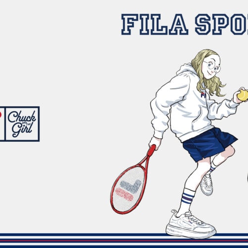 イタリア発祥のスポーツライフスタイルブランドFILA（フィラ）から、イラストレーター・サイトウユウスケ（Yusuke Saitoh）とのコラボレーションコレクションが登場。代表作『Chuck and the Girl』のアートワークや、FILAのアイデンティティであるテニス、バスケットボールをモチーフにした描き下ろしグラフィックを落とし込んだ、Tシャツ、スウェット、フーディが展開される。