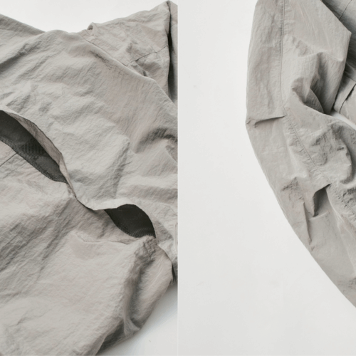 DAWNCE シアーテックブルゾンの背中ベンチレーションと肘のタック