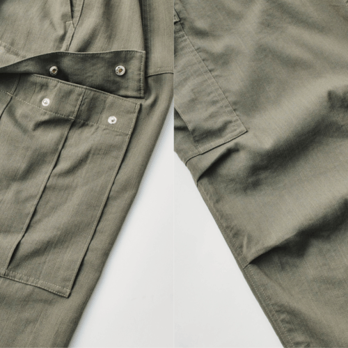 DAWNCE ワイドカーゴパンツのサイドポケットと膝のタック