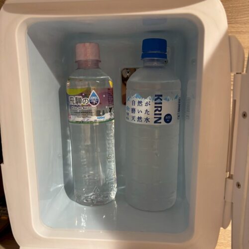 小さい冷蔵庫も設置されており、500mlのペットボトルは悠々2本入るほどのちょうどいいサイズ感