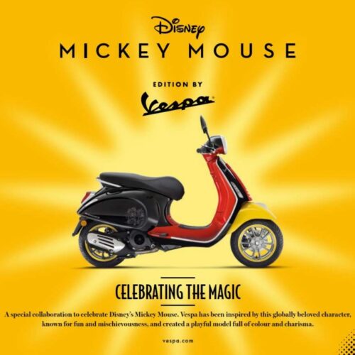 ディズニー・ミッキーマウスのベスパが登場！もちろん赤×黒×黄色のミッキー配色